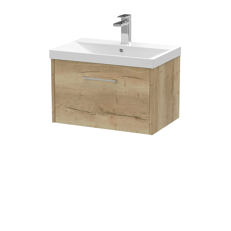 Hudson Reed JNU1822D Juno Modern Bathroom Wall Hung Single Drawer Vanity with Thin-Edge Ceramic Basin, 600mm, Woodgrain Autumn Oak
