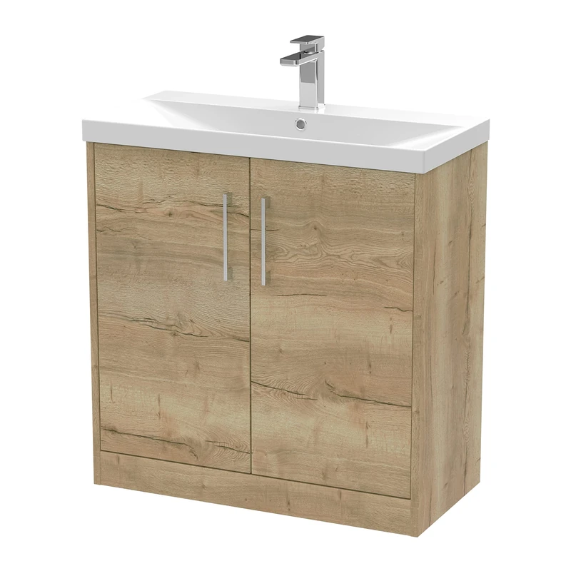 Hudson Reed JNU1805D Juno Modern Bathroom Floor Standing 2-Door Vanity with Thin-Edge Ceramic Basin, 800mm, Woodgrain Autumn Oak