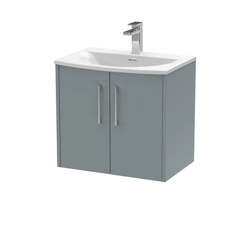 Hudson Reed JNU2323G Juno Modern Bathroom Wall Hung 2-Door Vanity with Curved Ceramic Basin, 600mm, Matt Coastal Grey