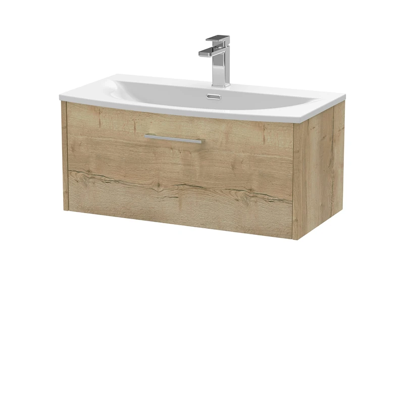 Hudson Reed JNU1825G Juno Modern Bathroom Wall Hung Single Drawer Vanity with Curved Ceramic Basin, 800mm, Woodgrain Autumn Oak
