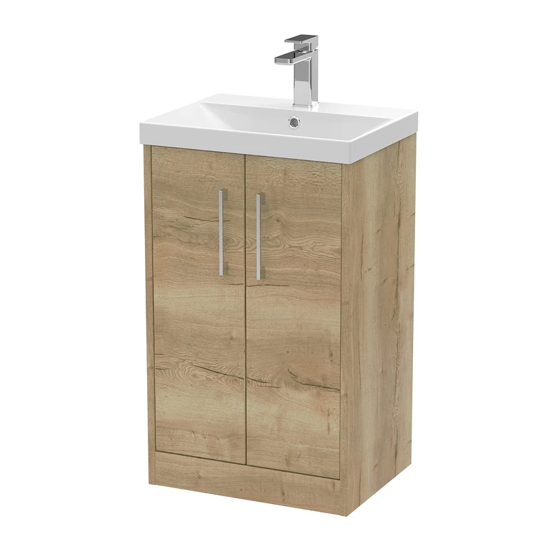 Hudson Reed JNU1801D Juno Modern Bathroom Floor Standing 2-Door Vanity with Thin-Edge Ceramic Basin, 500mm, Woodgrain Autumn Oak