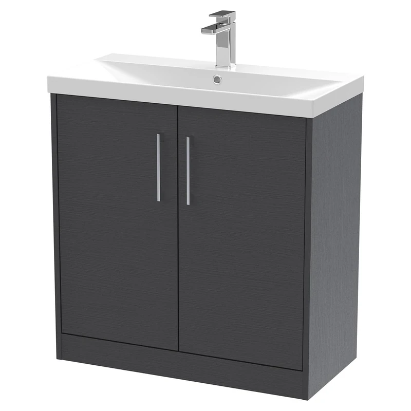 Hudson Reed JNU2205D Juno Modern Bathroom Floor Standing 2-Door Vanity with Thin-Edge Ceramic Basin, 800mm, Woodgrain Graphite Grey