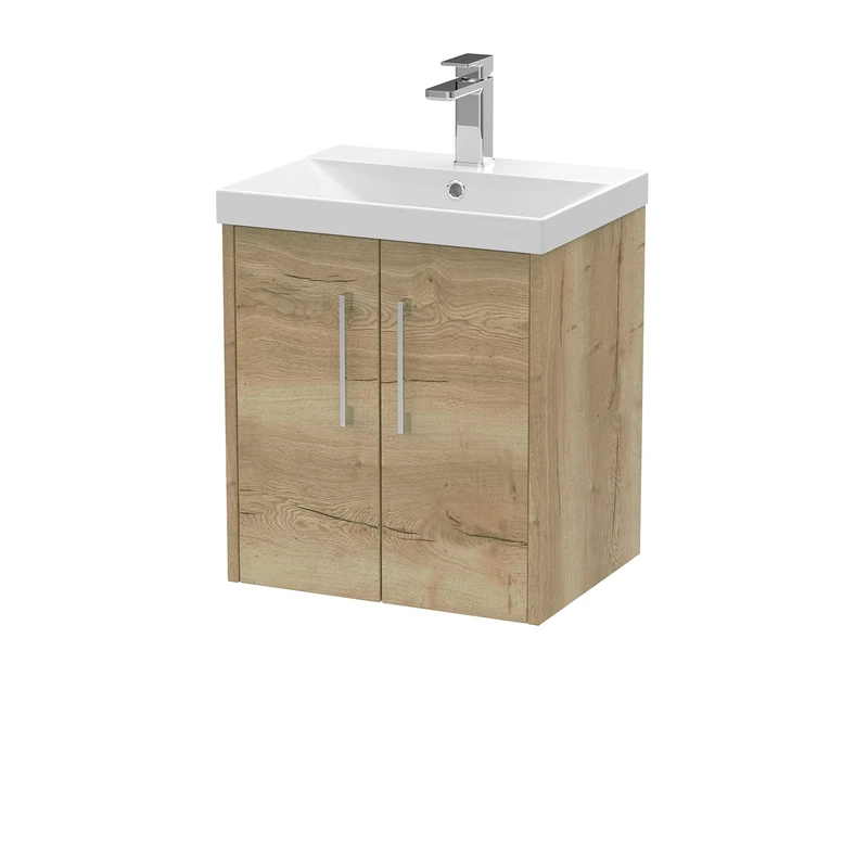 Hudson Reed JNU1821D Juno Modern Bathroom Wall Hung 2-Door Vanity with Thin-Edge Ceramic Basin, 500mm, Woodgrain Autumn Oak