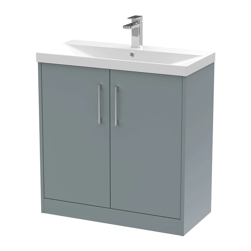 Hudson Reed JNU2305D Juno Modern Bathroom Floor Standing 2-Door Vanity with Thin-Edge Ceramic Basin, 800mm, Matt Coastal Grey