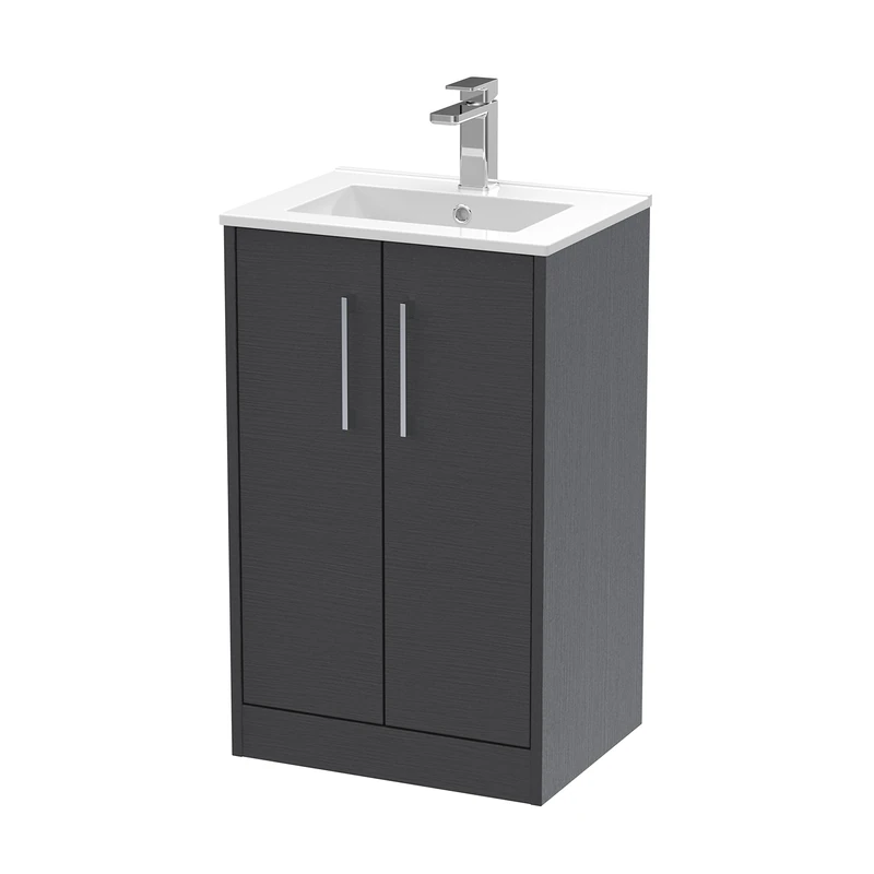 Hudson Reed JNU2201B Juno Modern Bathroom Floor Standing 2-Door Vanity with Minimalist Ceramic Basin, 500mm, Woodgrain Graphite Grey