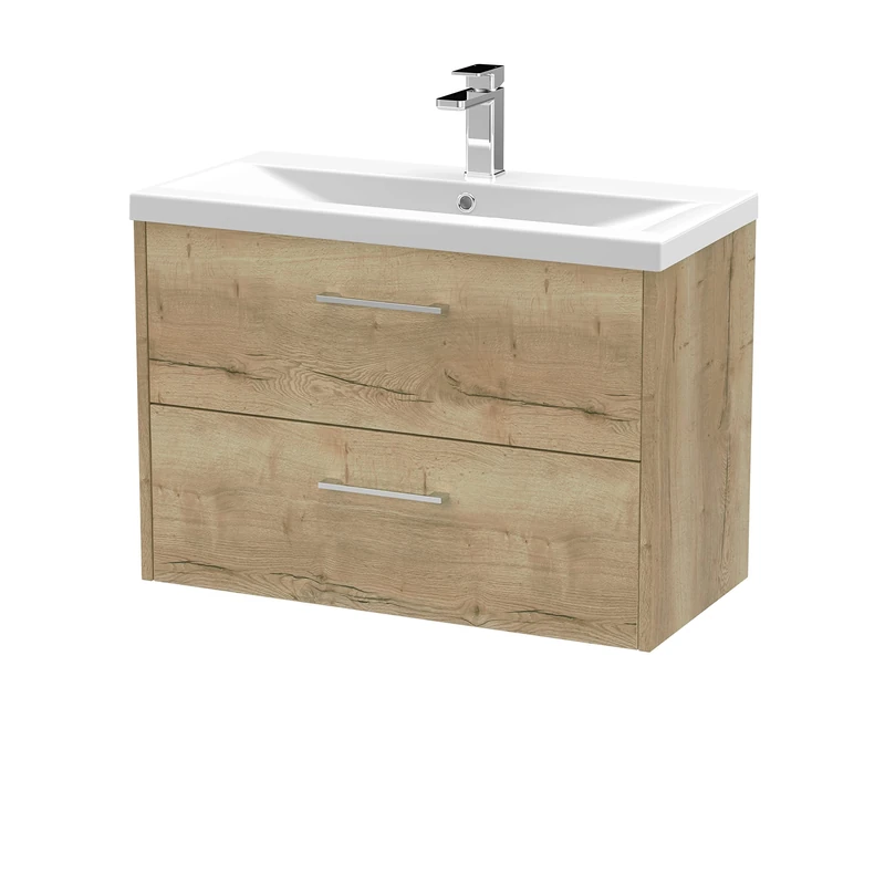 Hudson Reed JNU1826A Juno Modern Bathroom Wall Hung 2-Drawer Vanity with Mid-Edge Ceramic Basin, 800mm, Woodgrain Autumn Oak