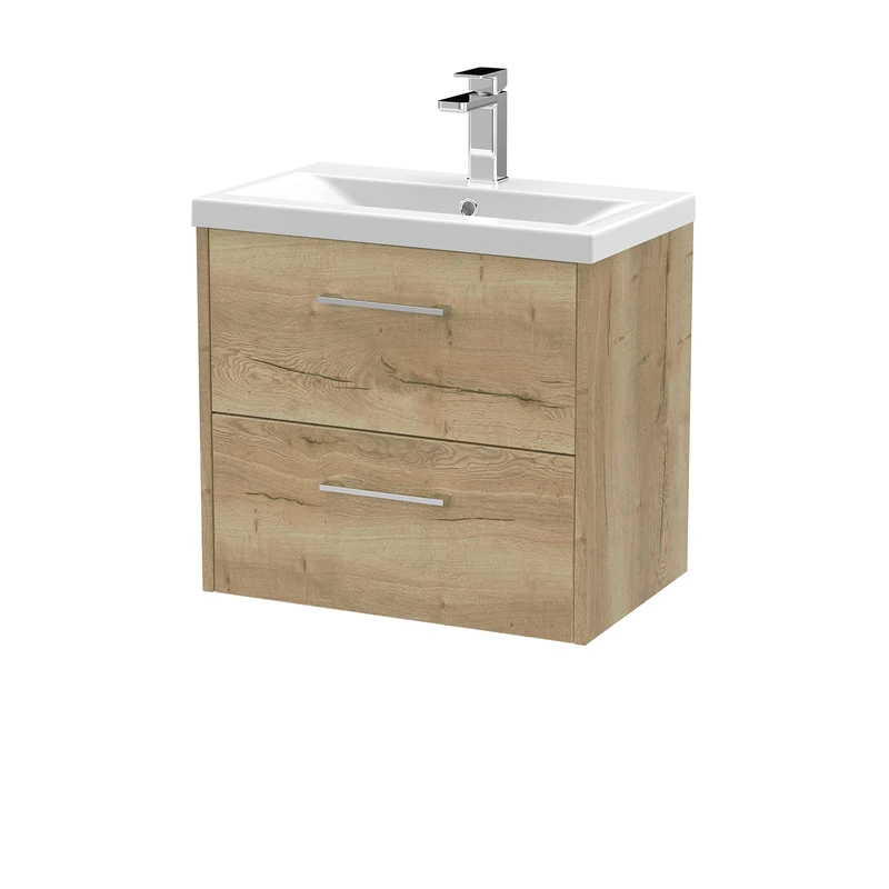Hudson Reed JNU1824A Juno Modern Bathroom Wall Hung 2-Drawer Vanity with Mid-Edge Ceramic Basin, 600mm, Woodgrain Autumn Oak
