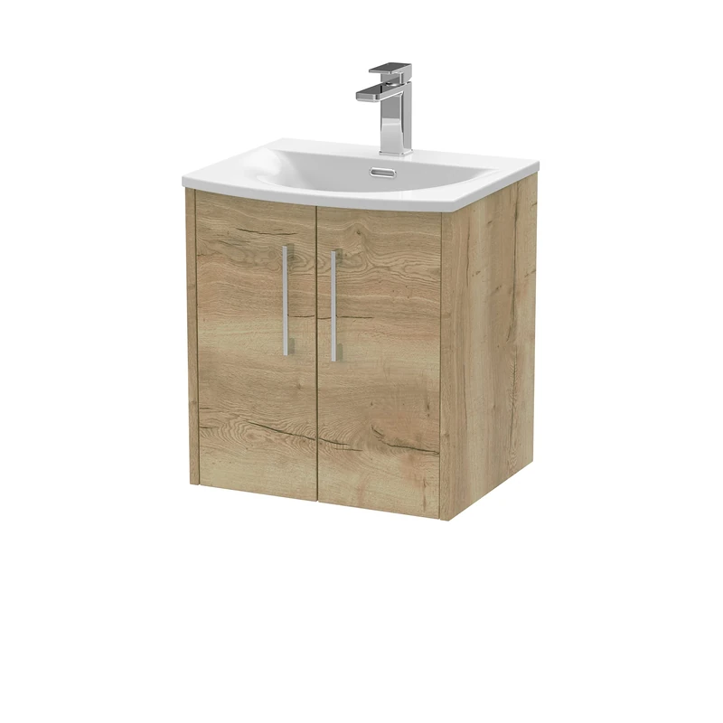 Hudson Reed JNU1821G Juno Modern Bathroom Wall Hung 2-Door Vanity with Curved Ceramic Basin, 500mm, Woodgrain Autumn Oak