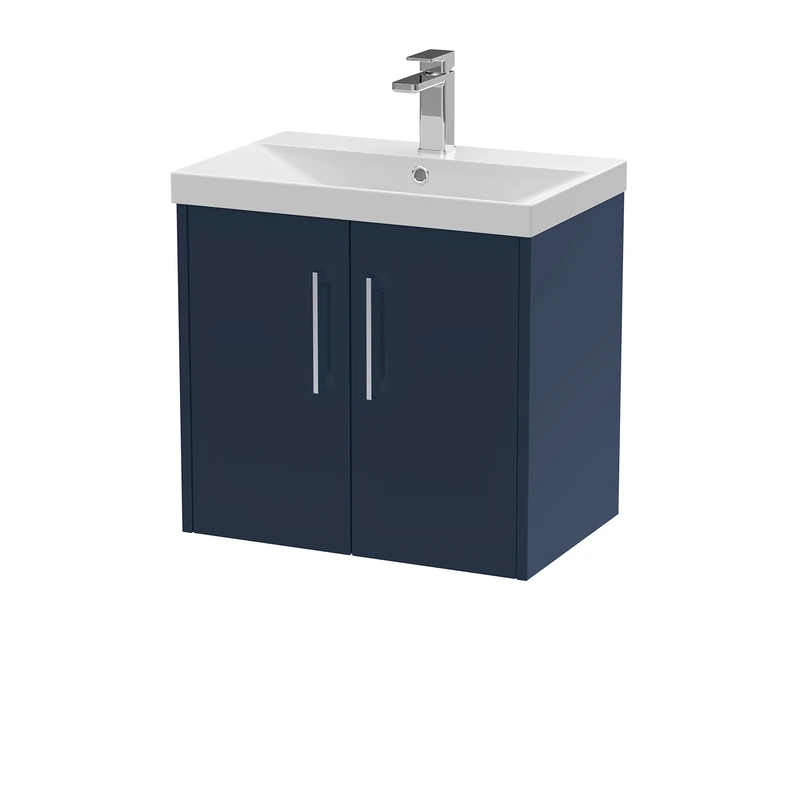 Hudson Reed JNU1723D Juno Modern Bathroom Wall Hung 2-Door Vanity with Thin-Edge Ceramic Basin, 600mm, Matt Electric Blue