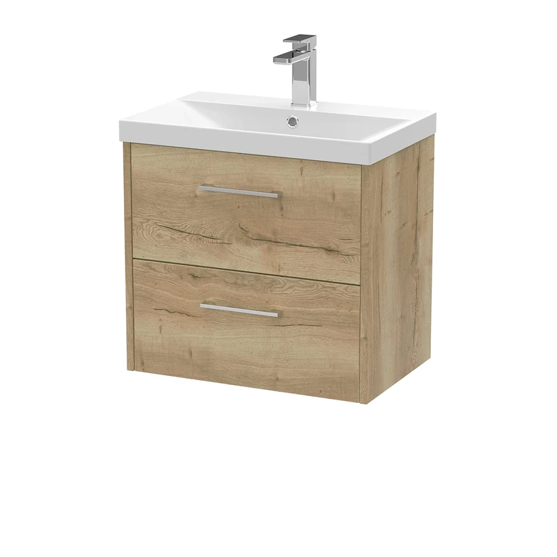 Hudson Reed JNU1824D Juno Modern Bathroom Wall Hung 2-Drawer Vanity with Thin-Edge Ceramic Basin, 600mm, Woodgrain Autumn Oak