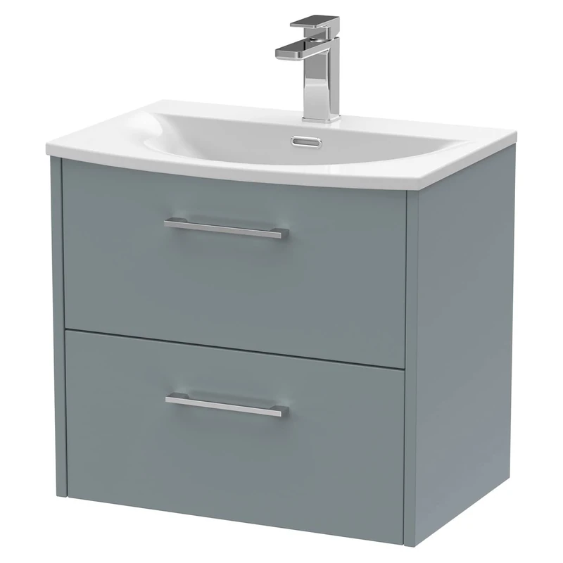 Hudson Reed JNU2324G Juno Modern Bathroom Wall Hung 2-Drawer Vanity with Curved Ceramic Basin, 600mm, Matt Coastal Grey