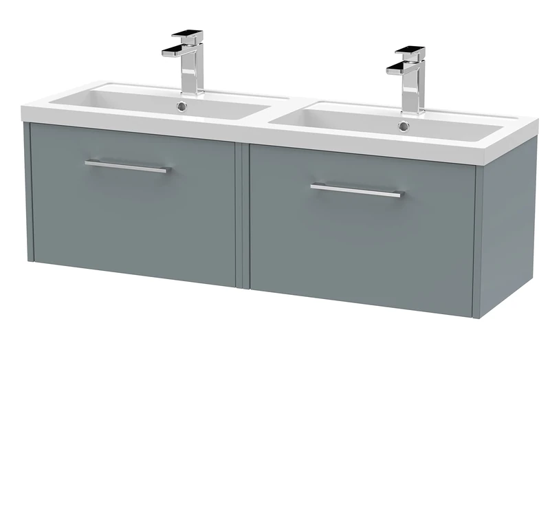 Hudson Reed JNU2322C Juno Modern Bathroom Wall Hung 2-Drawer Vanity with Polymarble Double Basin, 1200mm, Matt Coastal Grey