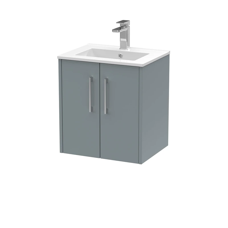 Hudson Reed JNU2321B Juno Modern Bathroom Wall Hung 2-Door Vanity with Minimalist Ceramic Basin, 500mm, Matt Coastal Grey