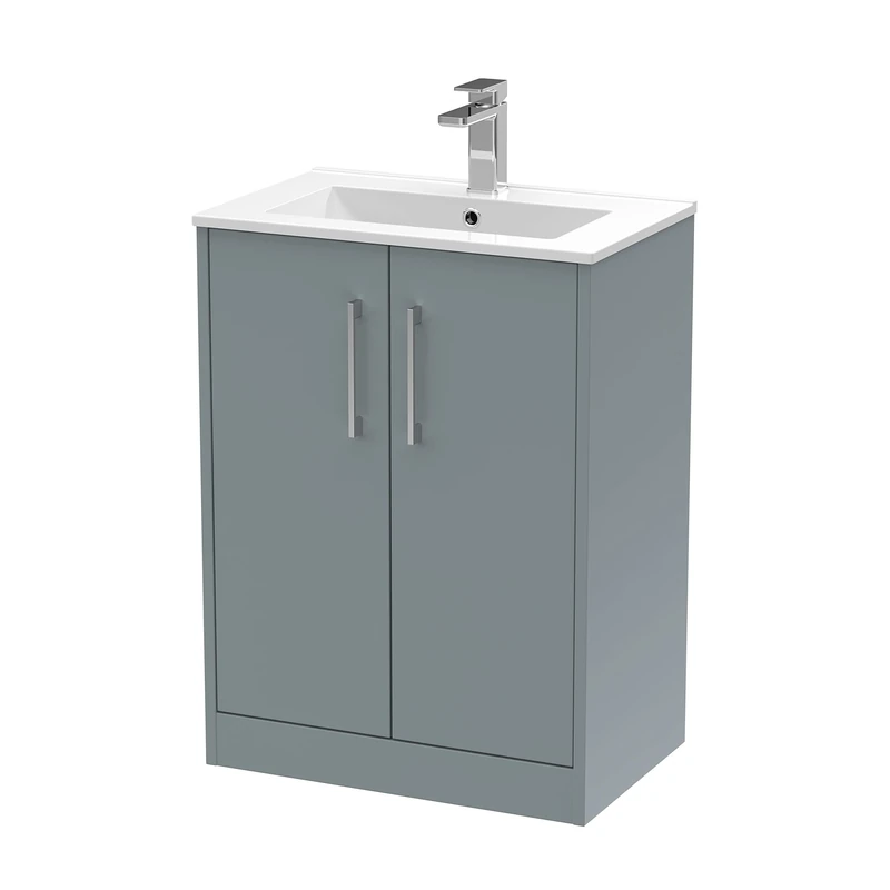 Hudson Reed JNU2303B Juno Modern Bathroom Floor Standing 2-Door Vanity with Minimalist Ceramic Basin, 600mm, Matt Coastal Grey