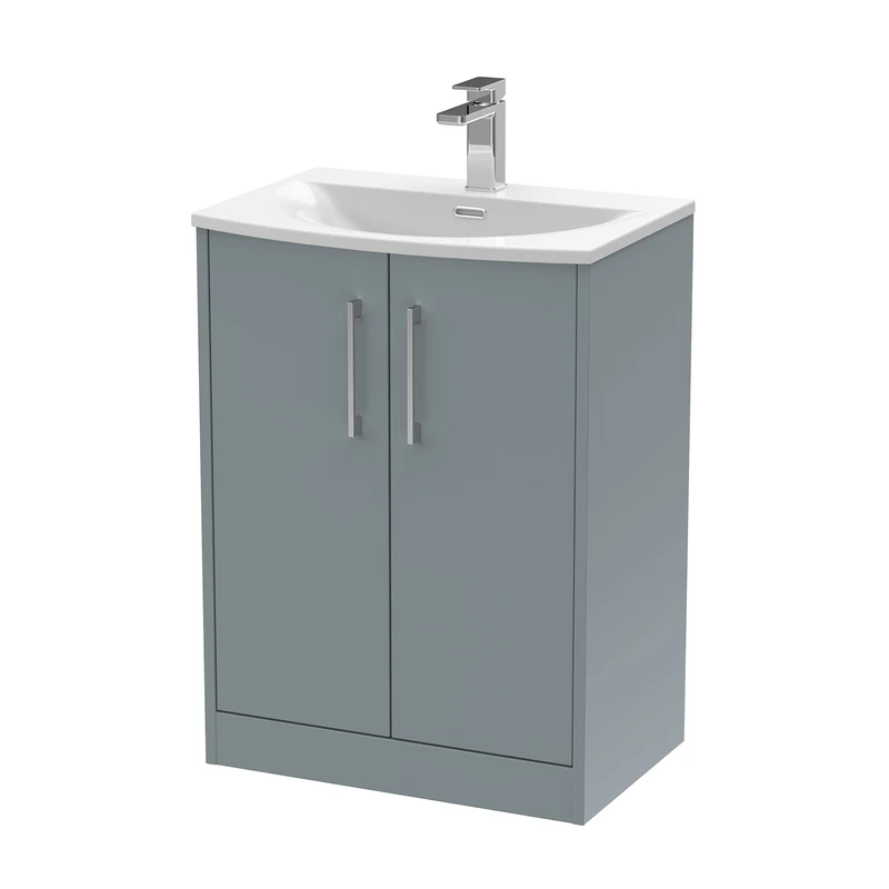 Hudson Reed JNU2303G Juno Modern Bathroom Floor Standing 2-Door Vanity with Curved Ceramic Basin, 600mm, Matt Coastal Grey