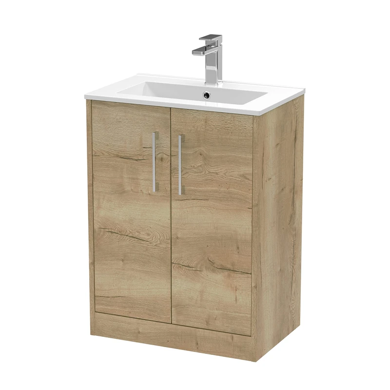 Hudson Reed JNU1803B Juno Modern Bathroom Floor Standing 2-Door Vanity with Minimalist Ceramic Basin, 600mm, Woodgrain Autumn Oak