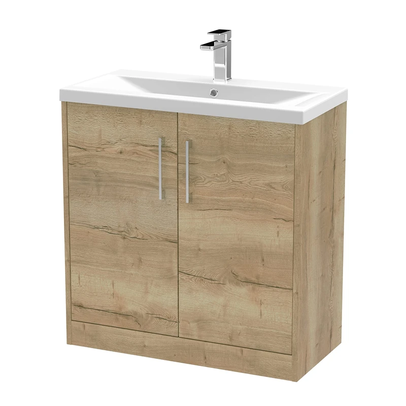 Hudson Reed JNU1805A Juno Modern Bathroom Floor Standing 2-Door Vanity with Mid-Edge Ceramic Basin, 800mm, Woodgrain Autumn Oak
