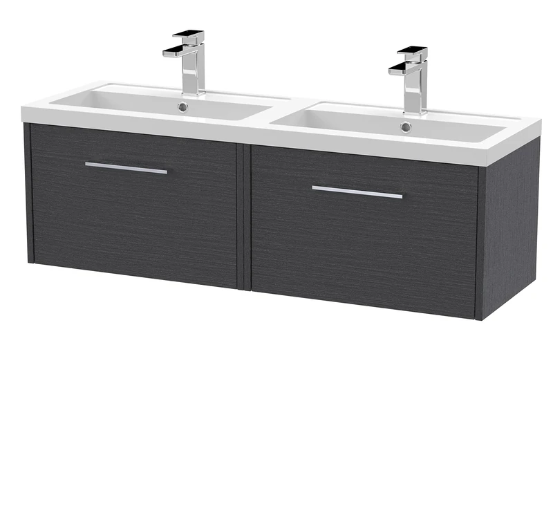 Hudson Reed JNU2222C Juno Modern Bathroom Wall Hung 2-Drawer Vanity with Polymarble Double Basin, 1200mm, Woodgrain Graphite Grey