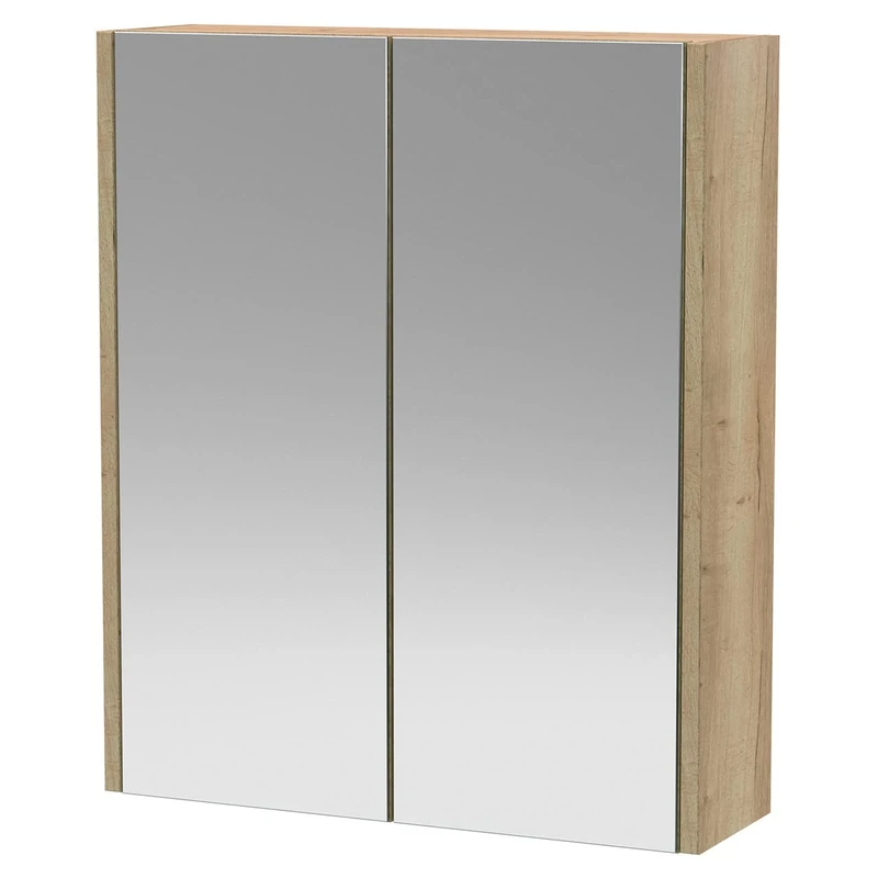 Hudson Reed NPF1817 Juno Modern Bathroom Wall Hung 2 Door Mirror Unit, 600mm, Woodgrain Autumn Oak