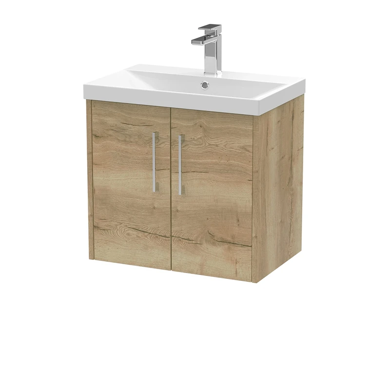 Hudson Reed JNU1823D Juno Modern Bathroom Wall Hung 2-Door Vanity with Thin-Edge Ceramic Basin, 600mm, Woodgrain Autumn Oak