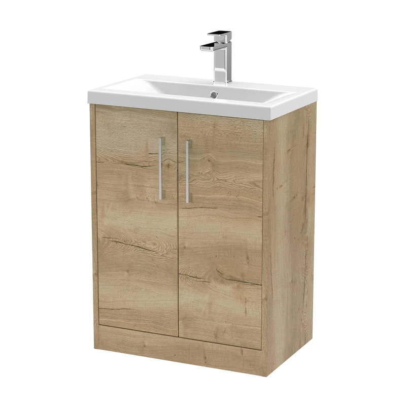 Hudson Reed JNU1803A Juno Modern Bathroom Floor Standing 2-Door Vanity with Mid-Edge Ceramic Basin, 600mm, Woodgrain Autumn Oak