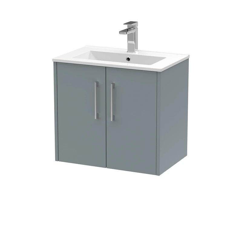 Hudson Reed JNU2323B Juno Modern Bathroom Wall Hung 2-Door Vanity with Minimalist Ceramic Basin, 600mm, Matt Coastal Grey