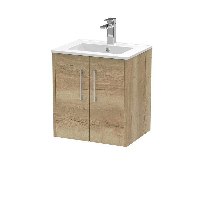 Hudson Reed JNU1821B Juno Modern Bathroom Wall Hung 2-Door Vanity with Minimalist Ceramic Basin, 500mm, Woodgrain Autumn Oak