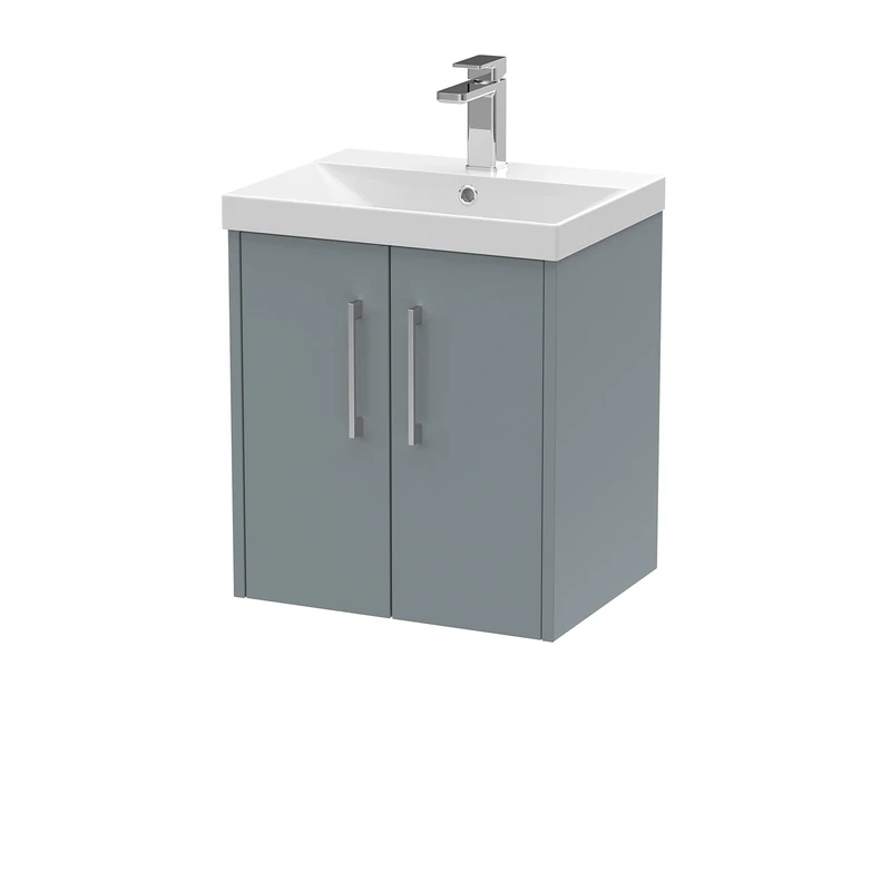 Hudson Reed JNU2321D Juno Modern Bathroom Wall Hung 2-Door Vanity with Thin-Edge Ceramic Basin, 500mm, Matt Coastal Grey