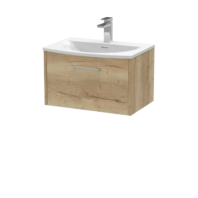 Hudson Reed JNU1822G Juno Modern Bathroom Wall Hung Single Drawer Vanity with Curved Ceramic Basin, 600mm, Woodgrain Autumn Oak