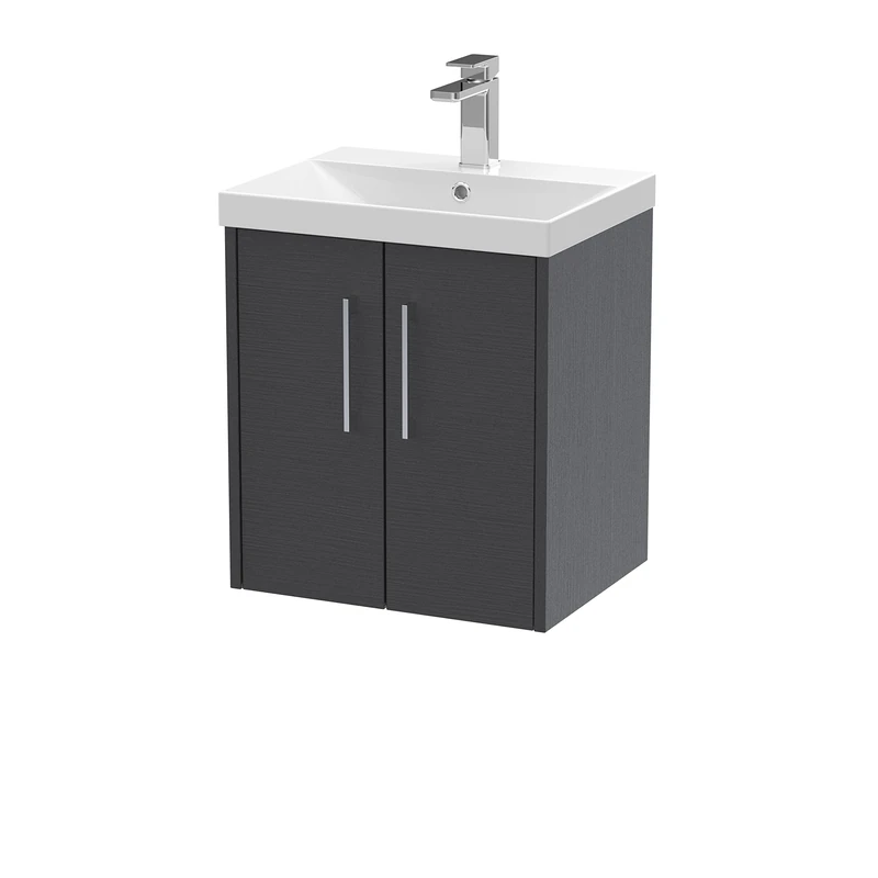 Hudson Reed JNU2221D Juno Modern Bathroom Wall Hung 2-Door Vanity with Thin-Edge Ceramic Basin, 500mm, Woodgrain Graphite Grey