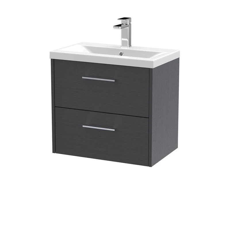 Hudson Reed JNU2224A Juno Modern Bathroom Wall Hung 2-Drawer Vanity with Mid-Edge Ceramic Basin, 600mm, Woodgrain Graphite Grey