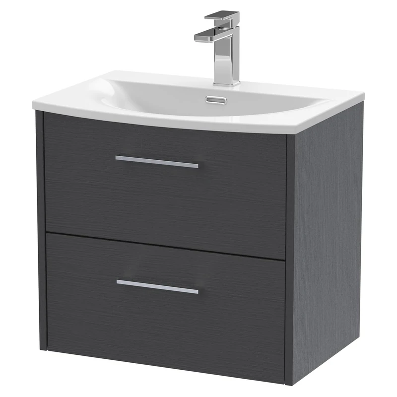 Hudson Reed JNU2224G Juno Modern Bathroom Wall Hung 2-Drawer Vanity with Curved Ceramic Basin, 600mm, Woodgrain Graphite Grey
