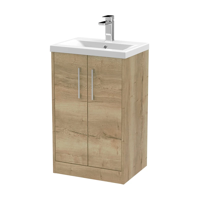 Hudson Reed JNU1801A Juno Modern Bathroom Floor Standing 2-Door Vanity with Mid-Edge Ceramic Basin, 500mm, Woodgrain Autumn Oak