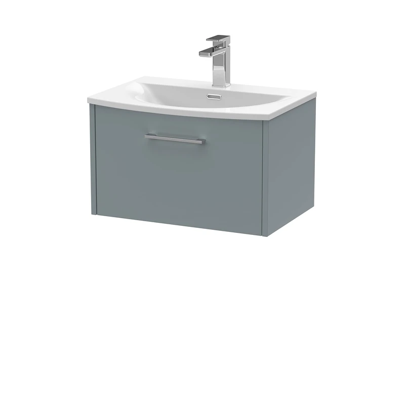 Hudson Reed JNU2322G Juno Modern Bathroom Wall Hung Single Drawer Vanity with Curved Ceramic Basin, 600mm, Matt Coastal Grey