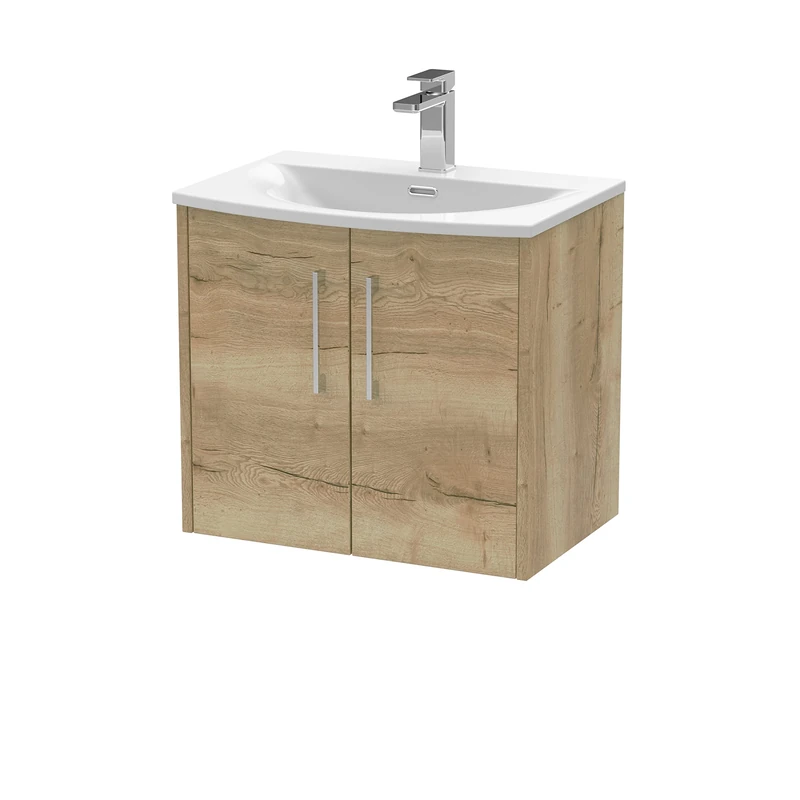 Hudson Reed JNU1823G Juno Modern Bathroom Wall Hung 2-Door Vanity with Curved Ceramic Basin, 600mm, Woodgrain Autumn Oak
