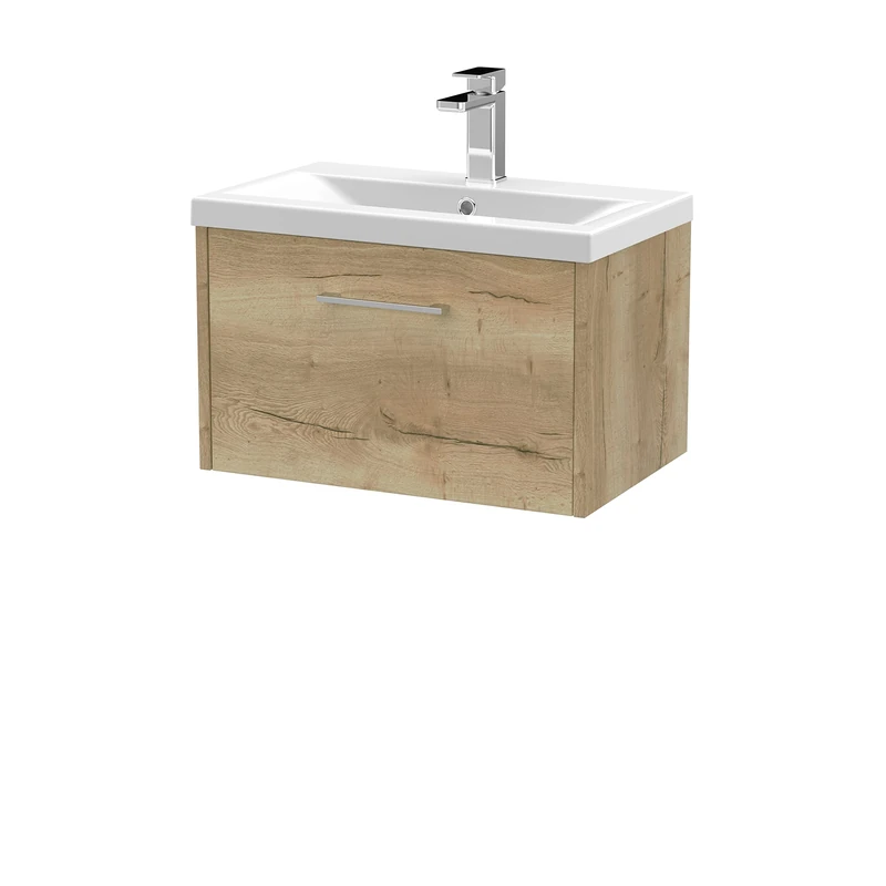 Hudson Reed JNU1822A Juno Modern Bathroom Wall Hung Single Drawer Vanity with Mid-Edge Ceramic Basin, 600mm, Woodgrain Autumn Oak