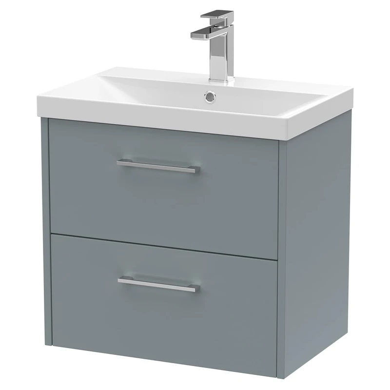 Hudson Reed JNU2324D Juno Modern Bathroom Wall Hung 2-Drawer Vanity with Thin-Edge Ceramic Basin, 600mm, Matt Coastal Grey
