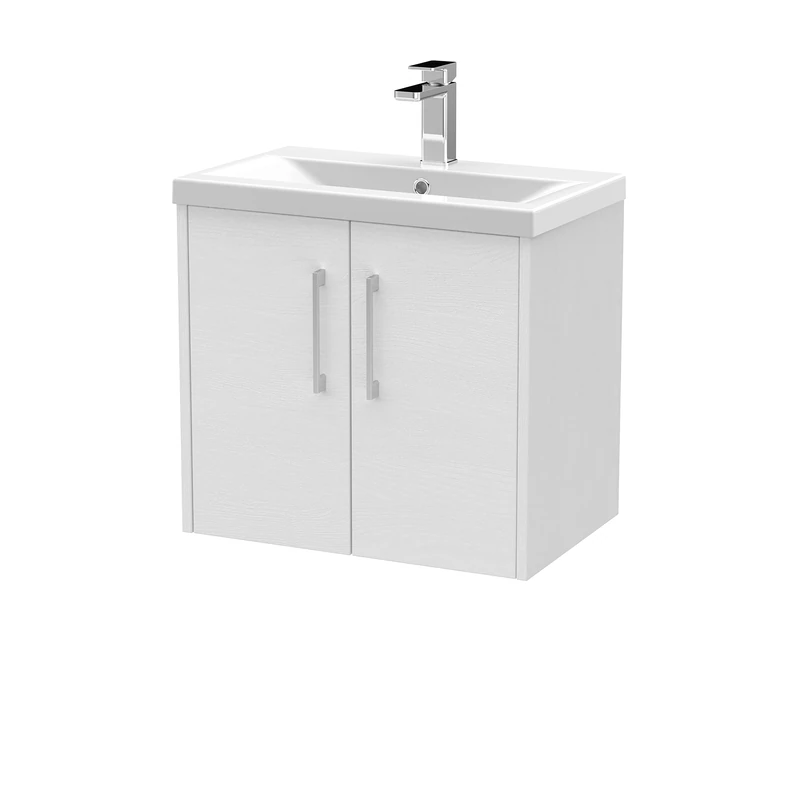 Hudson Reed JNU2123A Juno Modern Bathroom Wall Hung 2-Door Vanity with Mid-Edge Ceramic Basin, 600mm, Woodgrain White Ash