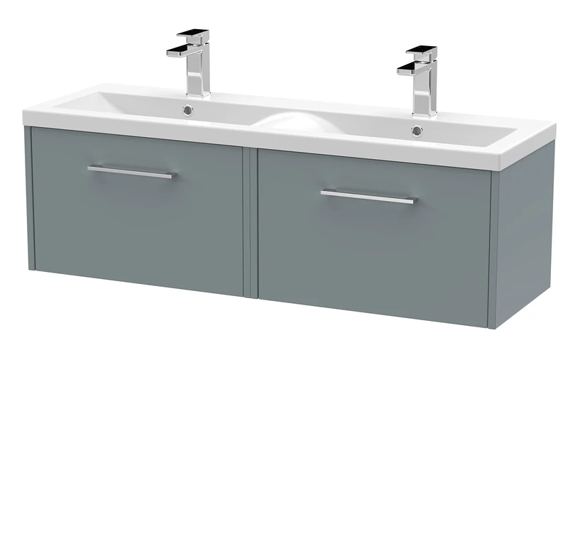 Hudson Reed JNU2322F Juno Modern Bathroom Wall Hung 2-Drawer Vanity with Ceramic Double Basin, 1200mm, Matt Coastal Grey