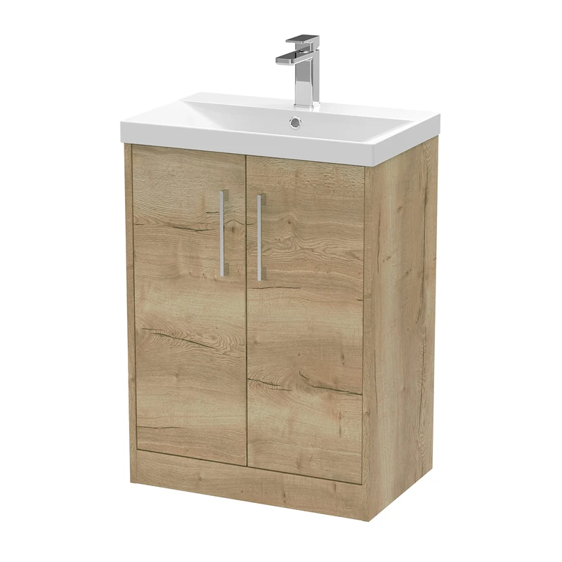 Hudson Reed JNU1803D Juno Modern Bathroom Floor Standing 2-Door Vanity with Thin-Edge Ceramic Basin, 600mm, Woodgrain Autumn Oak