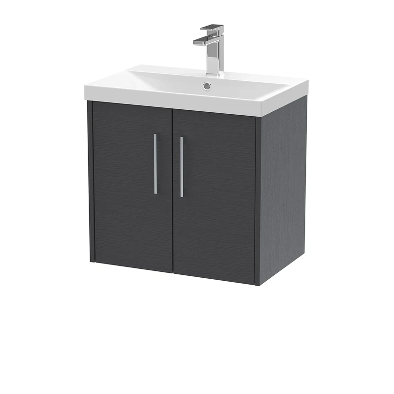 Hudson Reed JNU2223D Juno Modern Bathroom Wall Hung 2-Door Vanity with Thin-Edge Ceramic Basin, 600mm, Woodgrain Graphite Grey