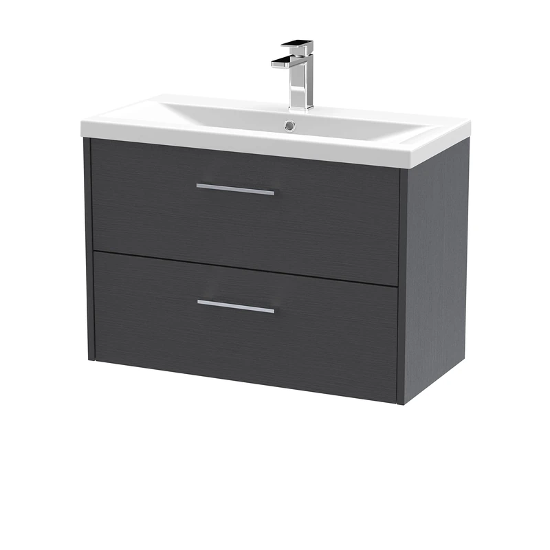 Hudson Reed JNU2226A Juno Modern Bathroom Wall Hung 2-Drawer Vanity with Mid-Edge Ceramic Basin, 800mm, Woodgrain Graphite Grey