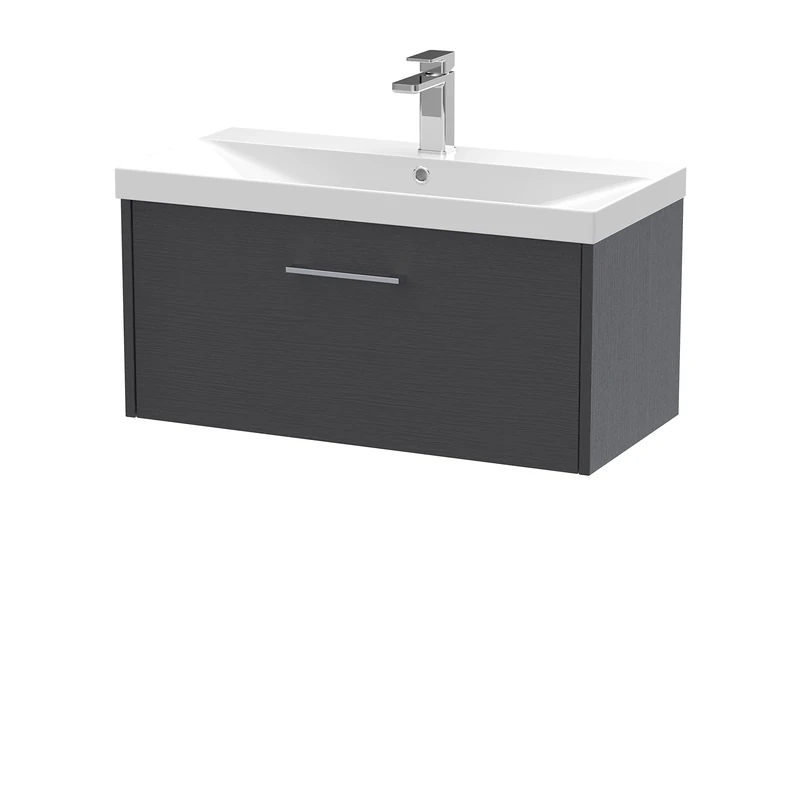 Hudson Reed JNU2225D Juno Modern Bathroom Wall Hung Single Drawer Vanity with Thin-Edge Ceramic Basin, 800mm, Woodgrain Graphite Grey