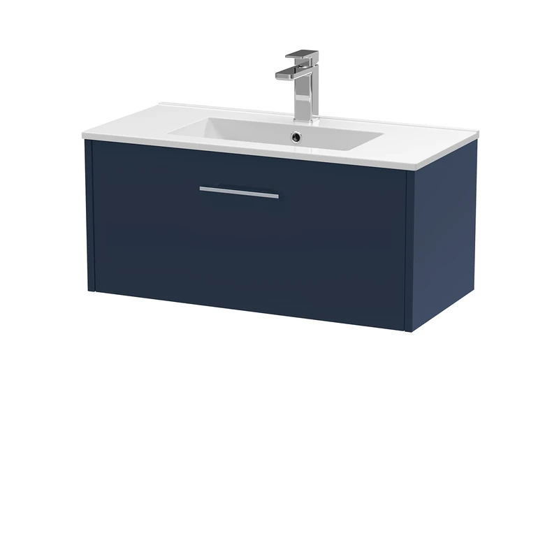 Hudson Reed JNU1725B Juno Modern Bathroom Wall Hung Single Drawer Vanity with Minimalist Ceramic Basin, 800mm, Matt Electric Blue