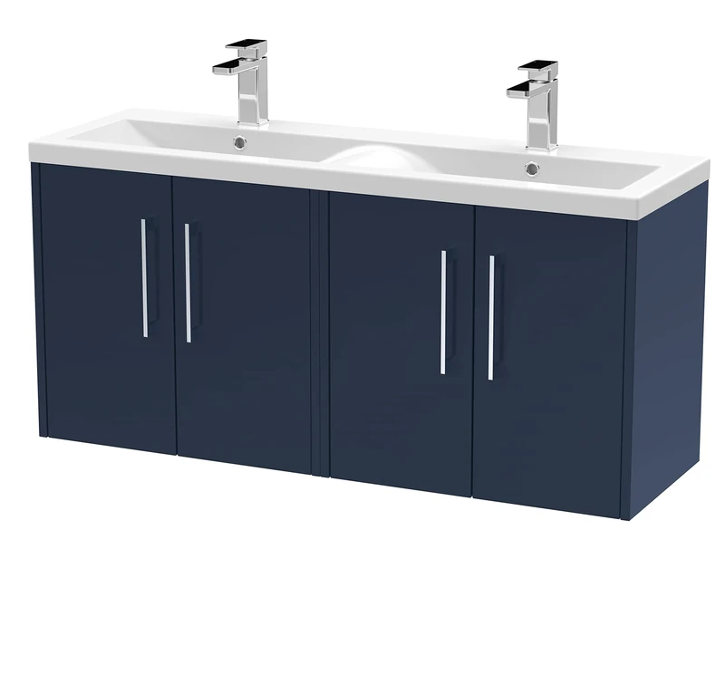 Hudson Reed JNU1723F Juno Modern Bathroom Wall Hung 4-Door Vanity with Ceramic Double Basin, 1200mm, Matt Electric Blue