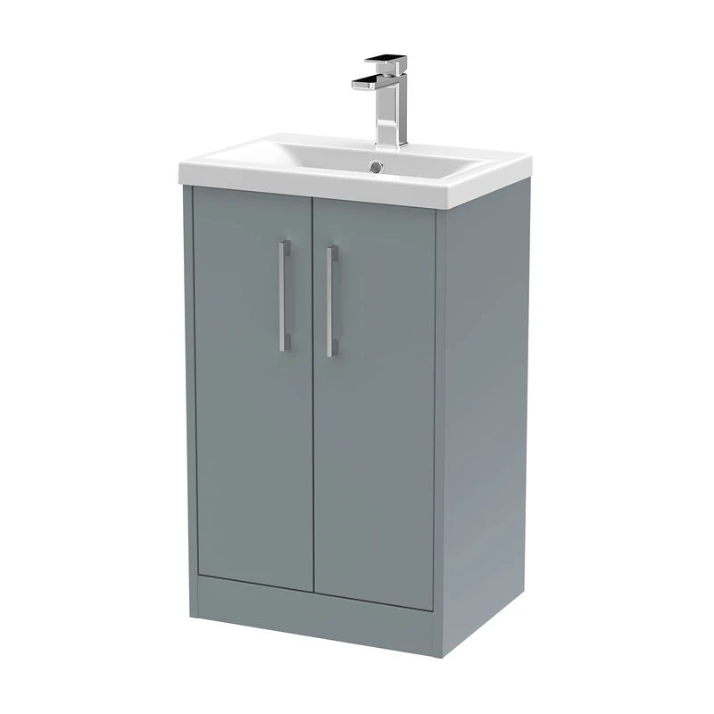 Hudson Reed JNU2301A Juno Modern Bathroom Floor Standing 2-Door Vanity with Mid-Edge Ceramic Basin, 500mm, Matt Coastal Grey