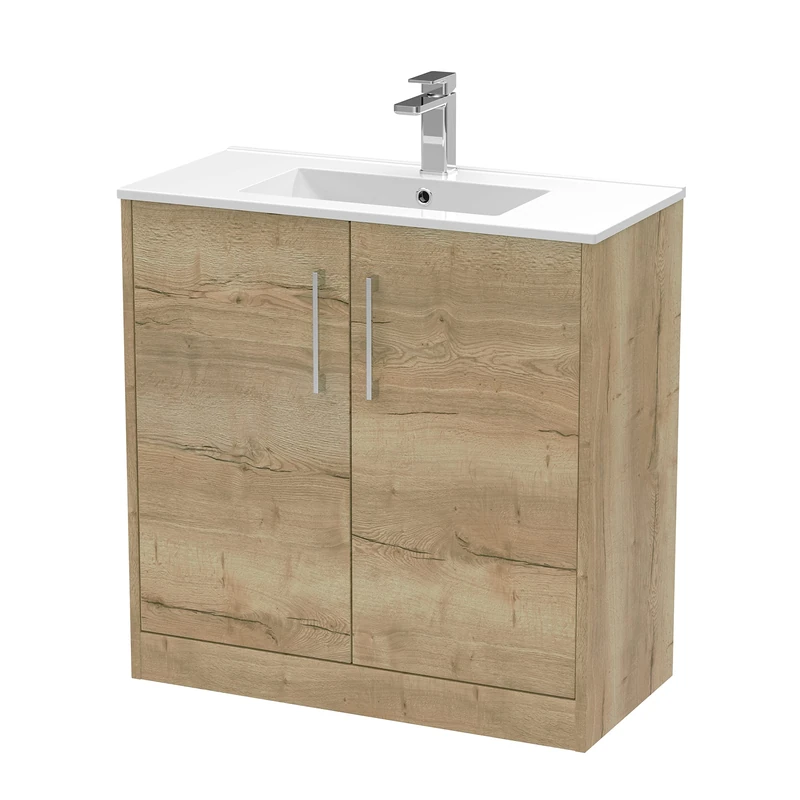 Hudson Reed JNU1805B Juno Modern Bathroom Floor Standing 2-Door Vanity with Minimalist Ceramic Basin, 800mm, Woodgrain Autumn Oak