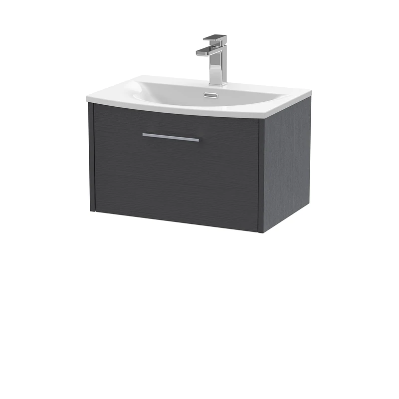 Hudson Reed JNU2222G Juno Modern Bathroom Wall Hung Single Drawer Vanity with Curved Ceramic Basin, 600mm, Woodgrain Graphite Grey