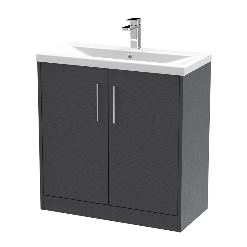 Hudson Reed JNU2205A Juno Modern Bathroom Floor Standing 2-Door Vanity with Mid-Edge Ceramic Basin, 800mm, Woodgrain Graphite Grey