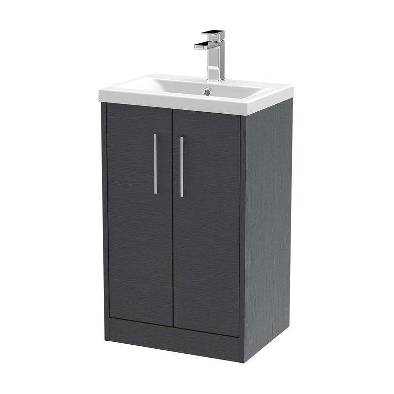 Hudson Reed JNU2201A Juno Modern Bathroom Floor Standing 2-Door Vanity with Mid-Edge Ceramic Basin, 500mm, Woodgrain Graphite Grey